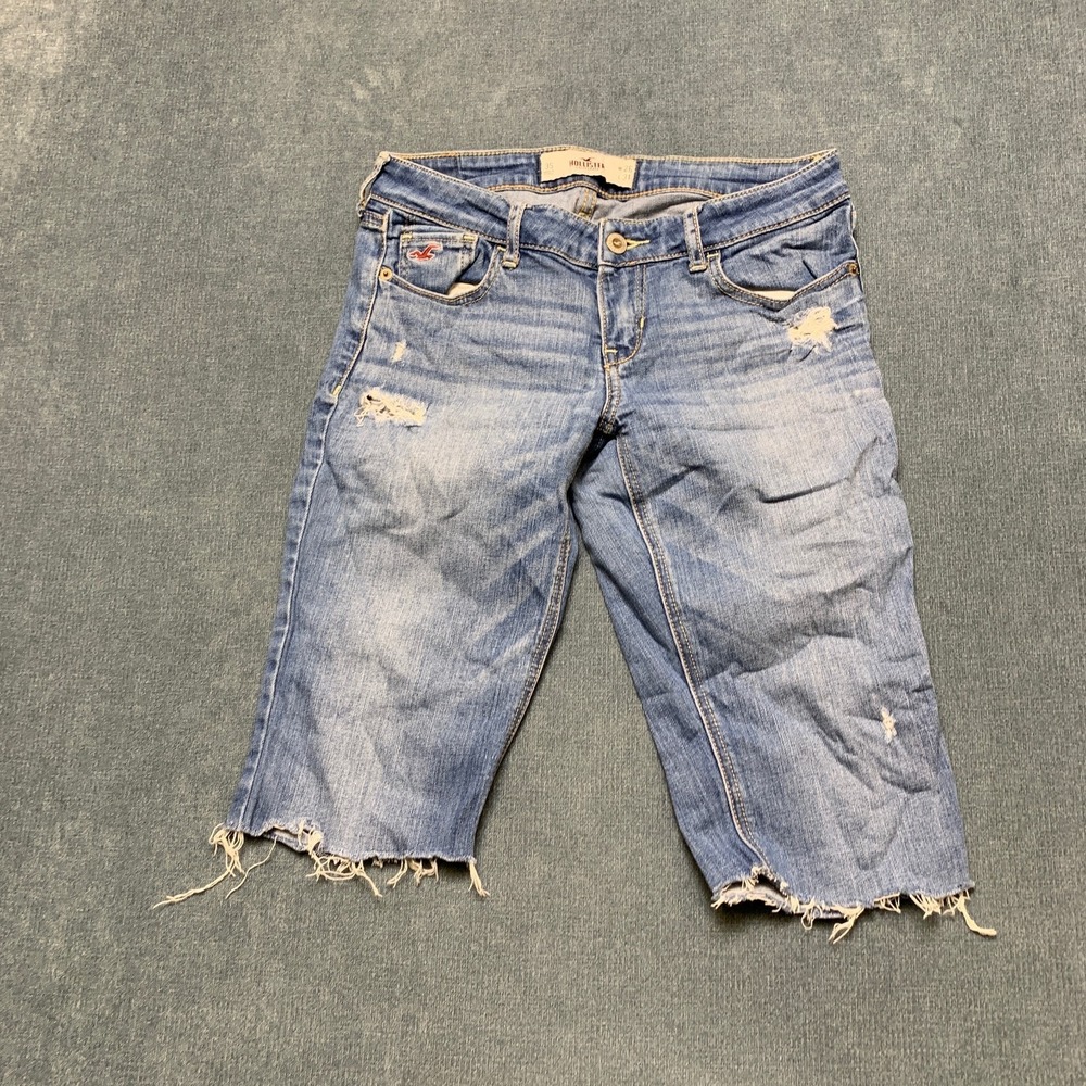 Hollister Cut Off Shorts Womens 26x31 Blue Denim Raw Hem Distressed Whiskering